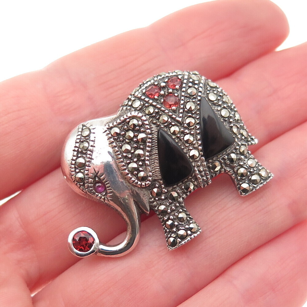 925 Sterling Vintage Real Black Onyx Ruby Red Garnet & Marcasite Elephant Brooch